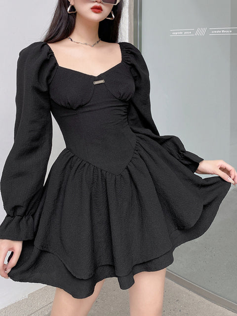 puff-sleeve-black-corset-pleated-sexy-double-layer-ruched-dress-2
