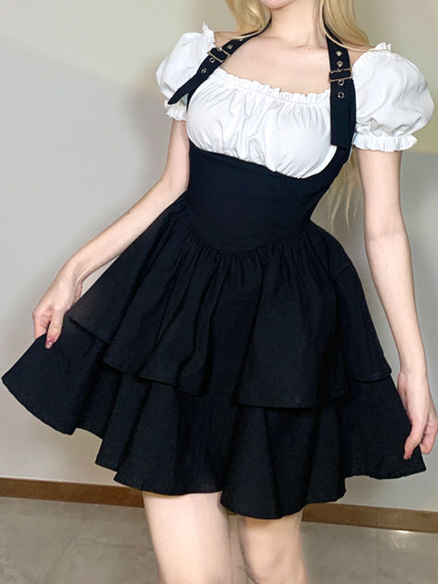 gothic-black-white-pleated-gown-corset-ruffles-halter-dress-1