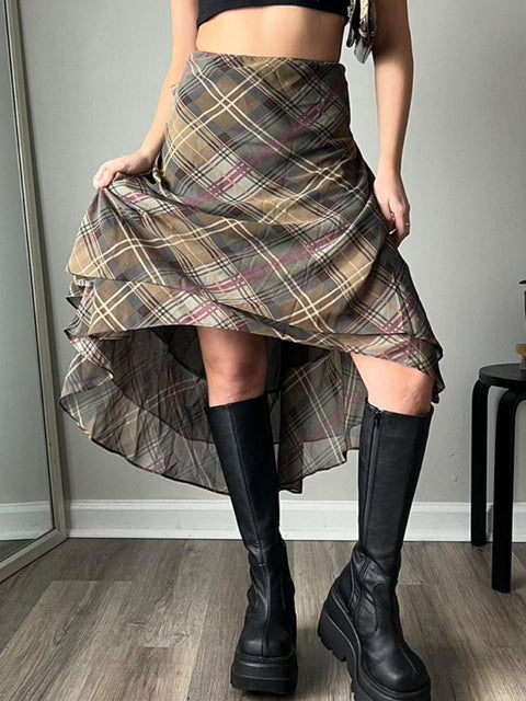 brown-high-waist-chiffon-print-double-layer-skirt-3