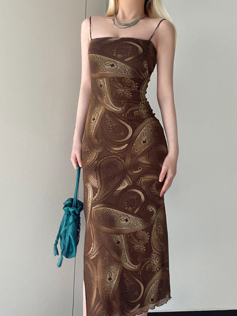vintage-brown-printing-lace-up-mesh-slit-backless-sexy-dress-4