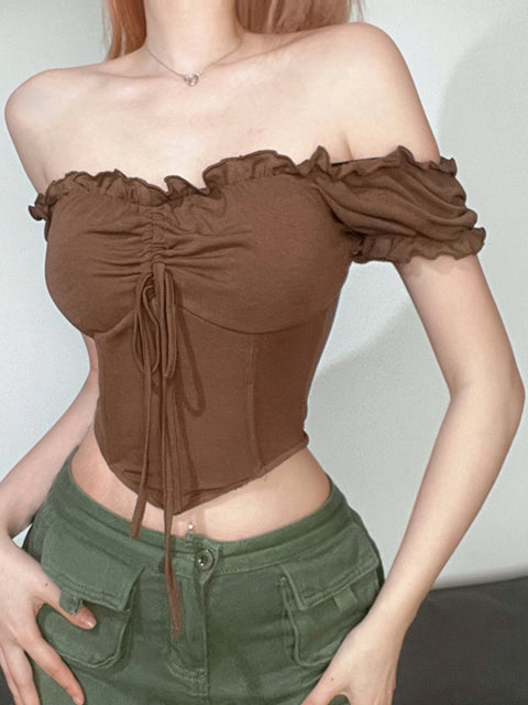 retro-brown-ruffles-square-neck-skinny-slim-short-sleeve-top-3