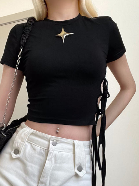 black-round-neck-lace-up-casual-short-sleeve-top-2