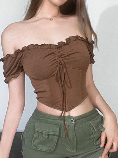 retro-brown-ruffles-square-neck-skinny-slim-short-sleeve-top-5