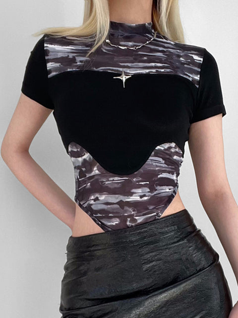 goth-black-mesh-patchwork-slim-short-sleeve-bodysuit-4