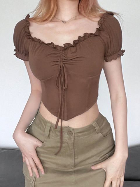 retro-brown-ruffles-square-neck-skinny-slim-short-sleeve-top-1