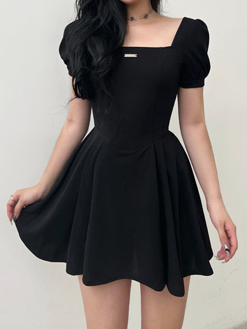 black-puff-sleeve-square-neck-a-line-pleated-dress-5