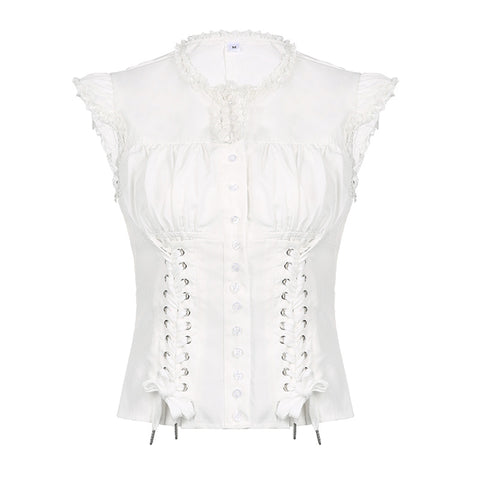 white-round-neck-pleated-lace-up-short-sleeve-top-4