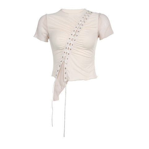 Skin-asymmetrical-fishnet-patchwork-folds-lace-up-short-sleeve-top-5