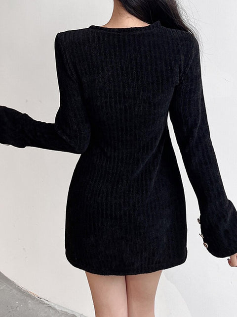 black-velvet-elegant-v-neck-buttons-up-evening-chic-party-short-dress-4