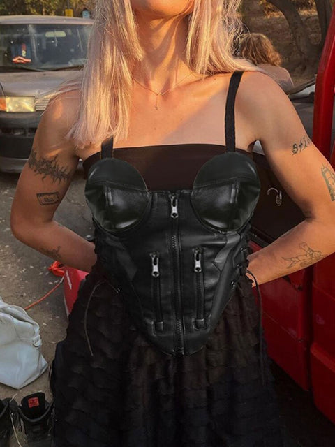 streetwear-punk-zipper-black-pu-leather-camis-sexy-lace-up-club-party-bandage-top-3