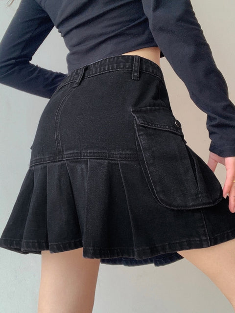 cargo-style-black-high-waist-denim-mini-solid-pockets-casual-pleated-skirt-5