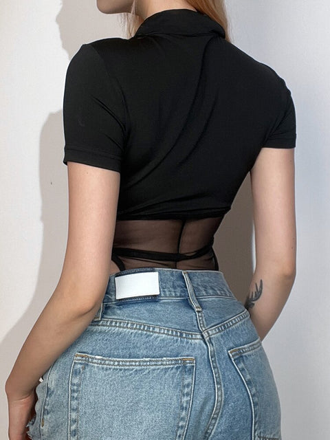 black-bodycon-top-zipper-mesh-patchwork-transparent-turn-down-collar-bodysuit-6