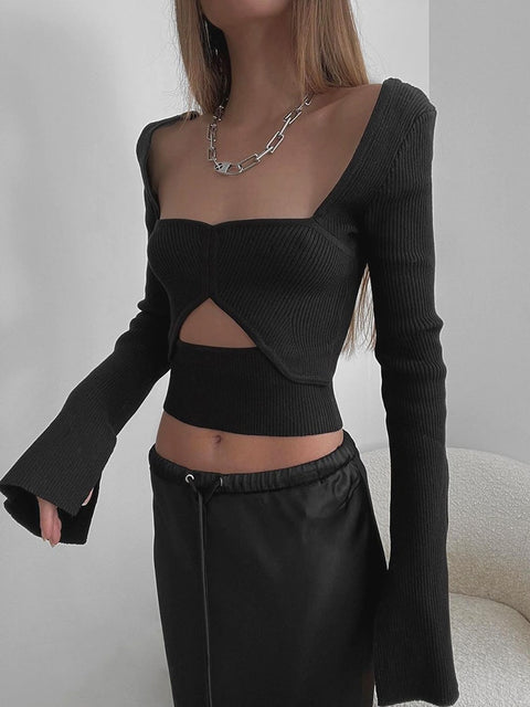 square-neck-knitted-black-long-sleeve-cropped-design-sexy-slim-cut-out-elegant-top-2