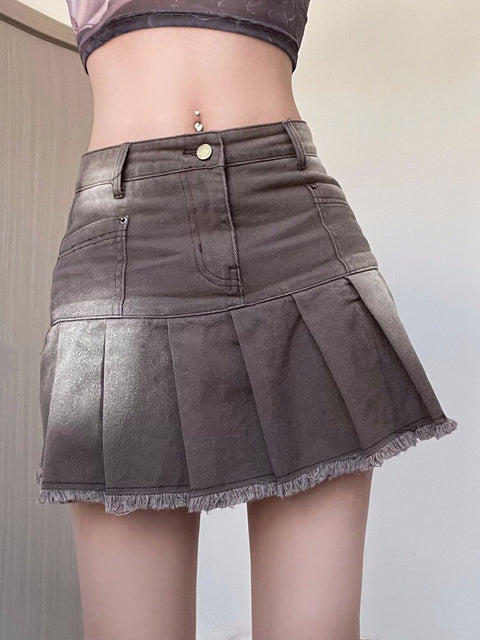 vintage-brown-tassel-high-waist-denim-preppy-style-mini-pleated-skirt-2