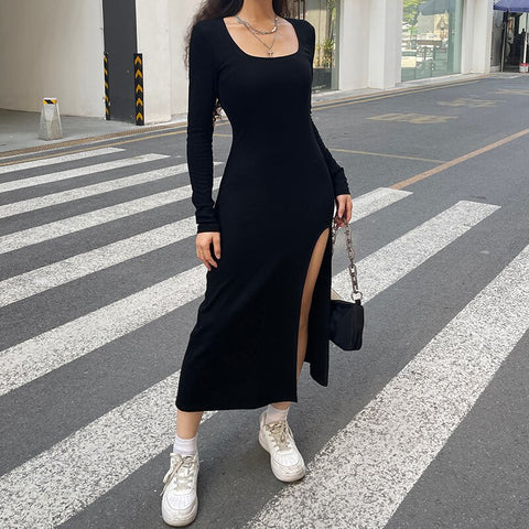 square-neck-black-long-solid-basic-velour-side-split-chic-dress-2