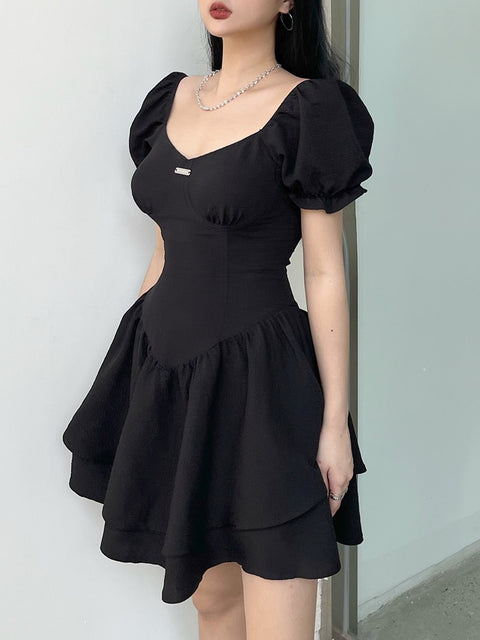 chic-square-neck-black-corset-folds-slim-elegant-pleated-mini-party-dress-4