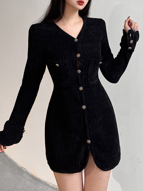 black-velvet-elegant-v-neck-buttons-up-evening-chic-party-short-dress-2