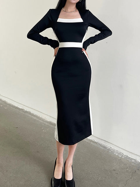 elegant-stripe-patchwork-bodycon-black-midi-long-sleeve-dress-1