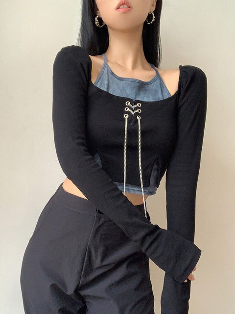 casual-design-patchwork-halter-skinny-chain-split-gothic-contrast-crop-top-1