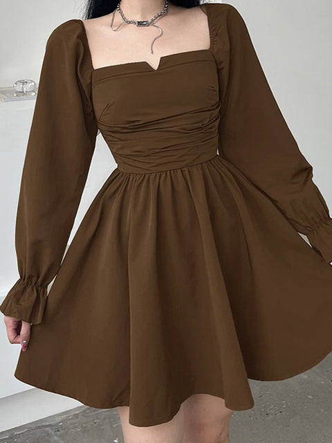 square-neck-brown-ruched-long-sleeve-fashion-solid-pleated-dress-4