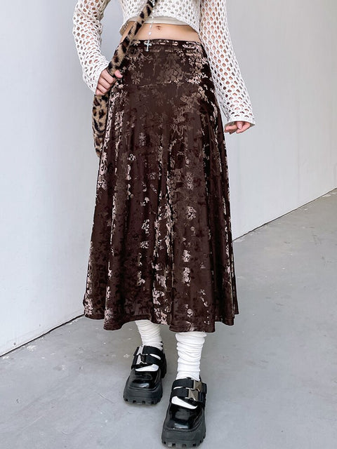 aesthetic-brown-velvet-jacquard-double-layer-fairycore-long-skirt-1
