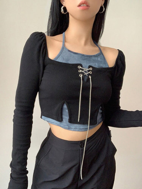 casual-design-patchwork-halter-skinny-chain-split-gothic-contrast-crop-top-
