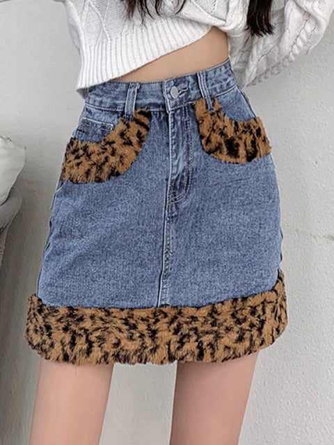 vintage-high-waist-denim-short-leopard-faux-fur-trim-mini-skirt-1