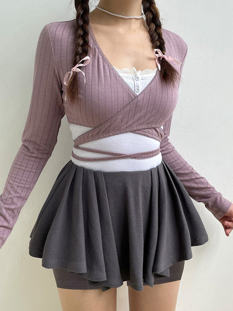 balletcore-crop-wrap-bandage-retro-lace-trim-casual-basic-tie-up-chic-top-1