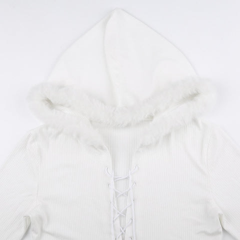 White Faux Fur Trim Hooded Crop Top