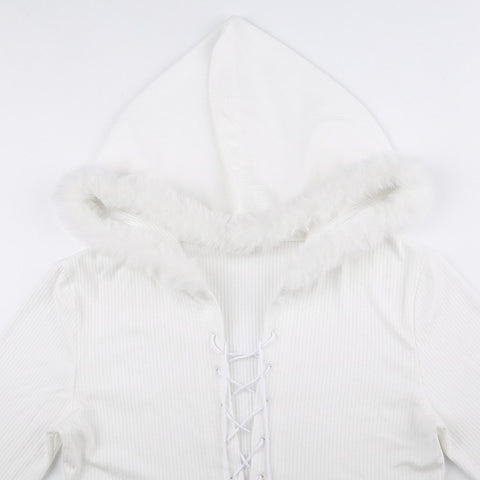 White Faux Fur Trim Hooded Crop Top