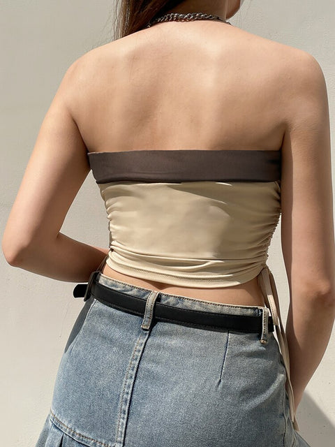 khaki-drawstring-strapless-tube-letter-print-mini-vest-top-5