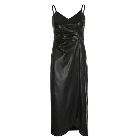 asymmetrical-folds-fashion-gothic-black-leather-spaghetti-strap-v-neck-long-party-dress-4