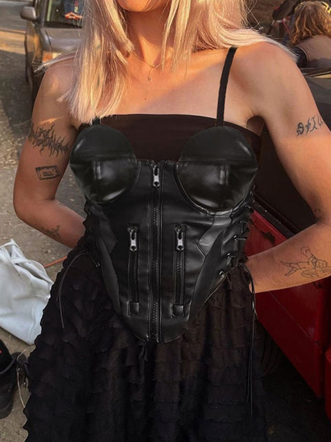 streetwear-punk-zipper-black-pu-leather-camis-sexy-lace-up-club-party-bandage-top-2