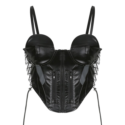 streetwear-punk-zipper-black-pu-leather-camis-sexy-lace-up-club-party-bandage-top-5