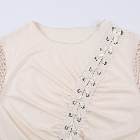 Skin-asymmetrical-fishnet-patchwork-folds-lace-up-short-sleeve-top-6
