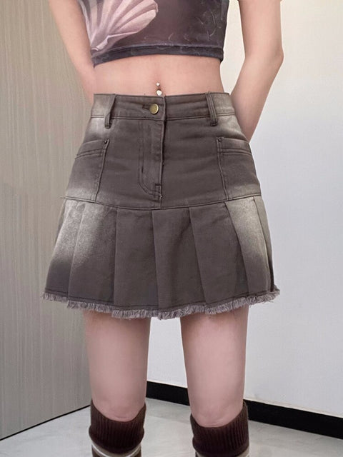 vintage-brown-tassel-high-waist-denim-preppy-style-mini-pleated-skirt-3