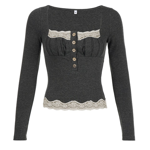 retro-square-neck-folds-long-sleeve-lace-patchwork-buttons-slim-top-5