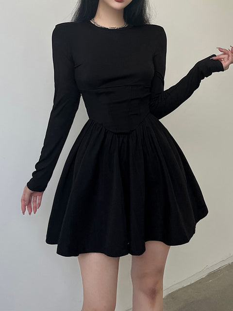 long-sleeve-corset-black-solid-basic-o-neck-pleated-slim-elegant-dress-1