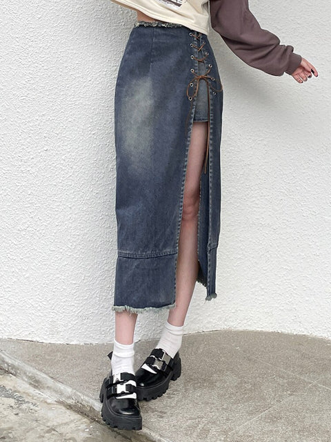 streetwear-asymmetrical-patchwork-burr-lace-up-side-split-denim-long-skirt-3