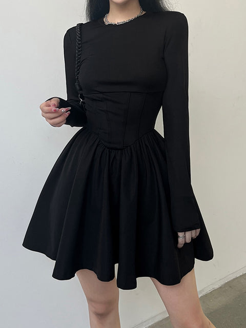 long-sleeve-corset-black-solid-basic-o-neck-pleated-slim-elegant-dress-4