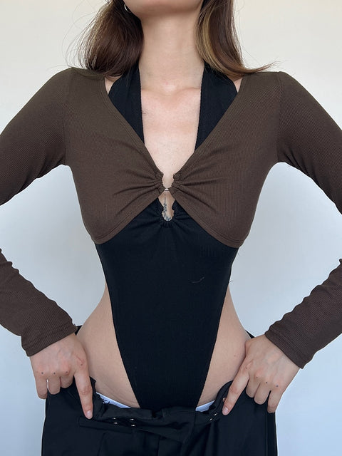 elegant-halter-neck-patchwork-cut-out-fake-2-pieces-bodysuit-2