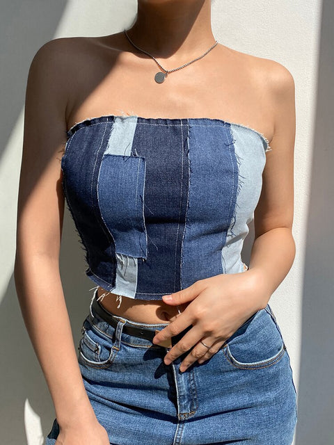 streetwear-stitching-spliced-burr-tube-off-shoulder-strapless-denim-wrap-top-1
