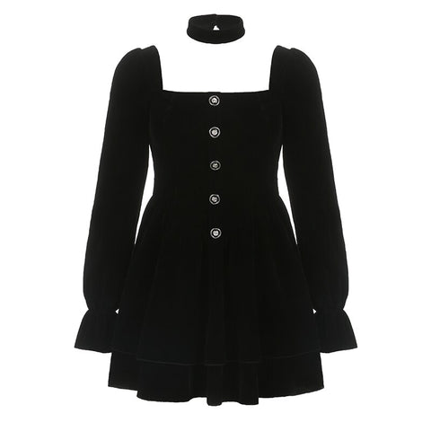 black-velvet-square-neck-buttons-elegant-party-solid-pleated-dress-5