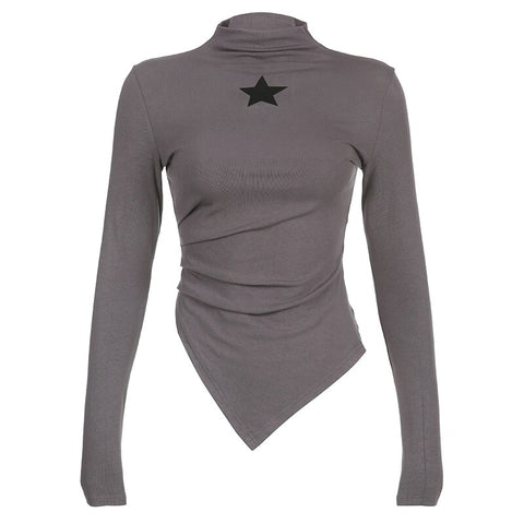 casual-turtleneck-print-star-ruched-irregular-hem-basic-tee-shirts-5