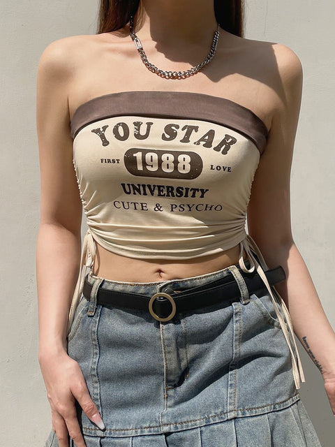 khaki-drawstring-strapless-tube-letter-print-mini-vest-top-4