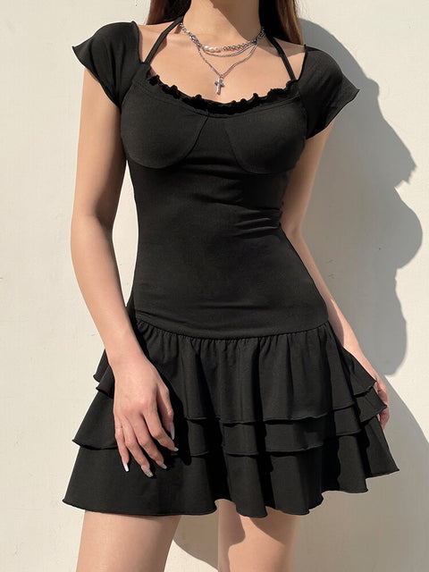 casual-halter-frill-folds-balletcore-gothic-slim-three-layer-summer-short-dress-3