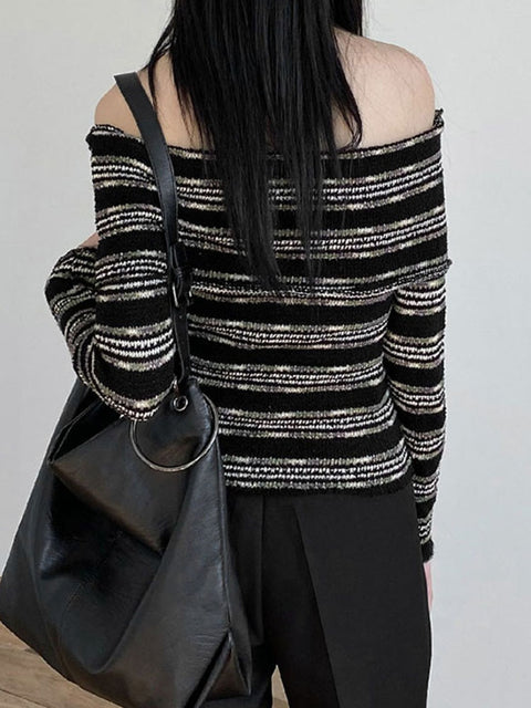 Black Stripe Off-Shoulder Knitted  Sweater