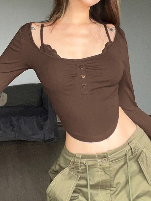 brown-basic-halter-lace-trim-buttons-slim-long-sleeves-cropped-top-2