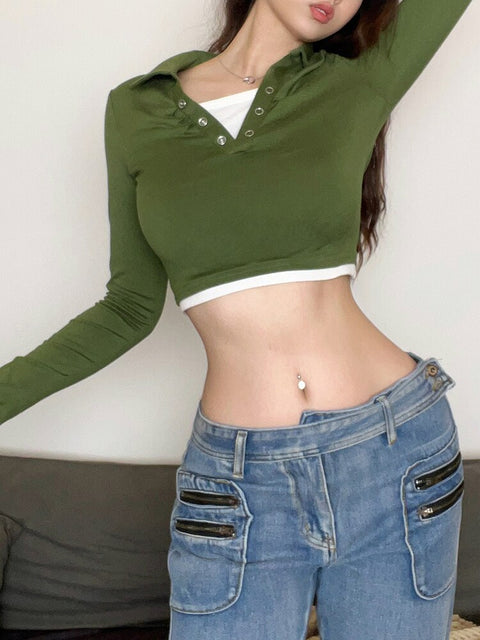 green-casual-basic-patched-long-sleeve-slim-buttons-cute-crop-top-3