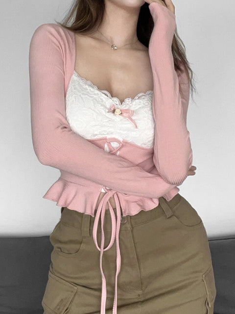 sweet-pink-knit-lace-patchwork-slim-ruffles-bow-square-neck-crop-top-3